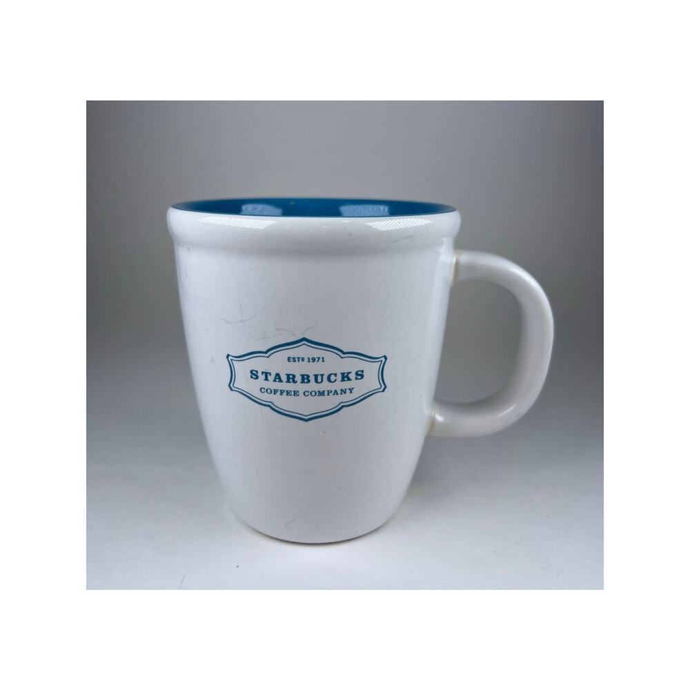 Starbucks Coffee Mug Teal Blue & White 2006 13oz Abbey Badge Logo